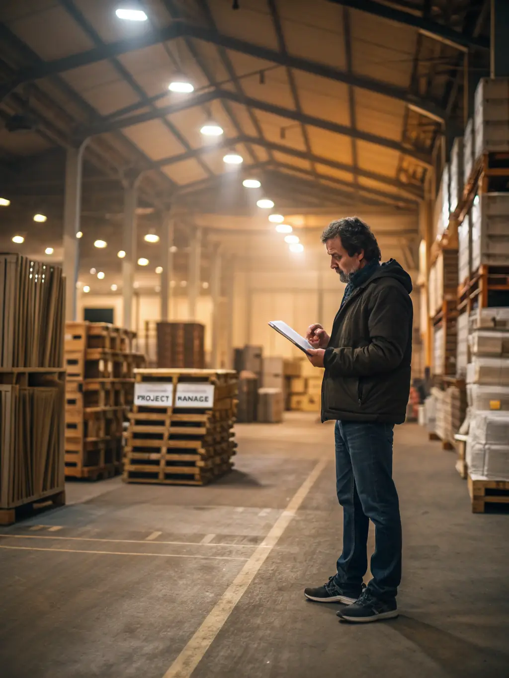 A project manager overseeing furniture production and delivery at a warehouse, representing Decorinthus' commitment to seamless project execution.