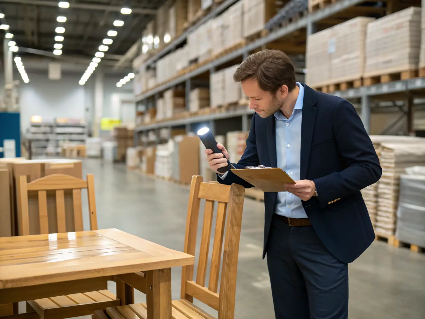 A project manager overseeing furniture production and delivery at a warehouse, representing Decorinthus' seamless project management capabilities.