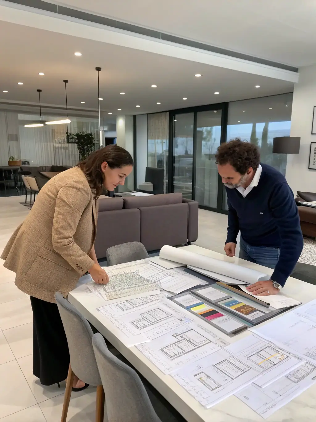 A designer reviewing furniture sketches with client feedback in a modern office setting, illustrating Decorinthus' collaborative design modification process.