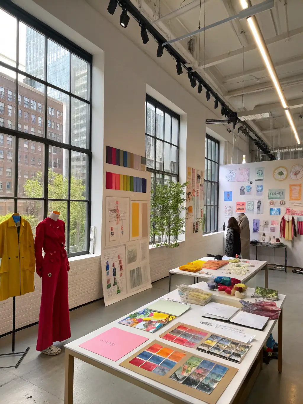 A diverse collection of furniture samples and fabric swatches arranged on a table, representing Decorinthus' wide range of design options and materials.