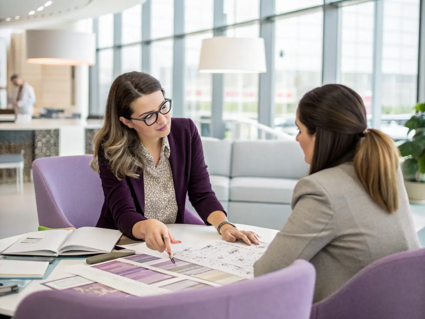 A designer reviewing furniture sketches with client feedback in a modern office setting, illustrating Decorinthus' collaborative approach to design modifications.