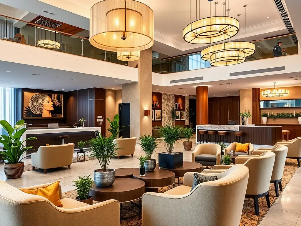 A brightly lit, modern hotel lobby featuring stylish and comfortable seating arrangements, showcasing a welcoming and sophisticated atmosphere.