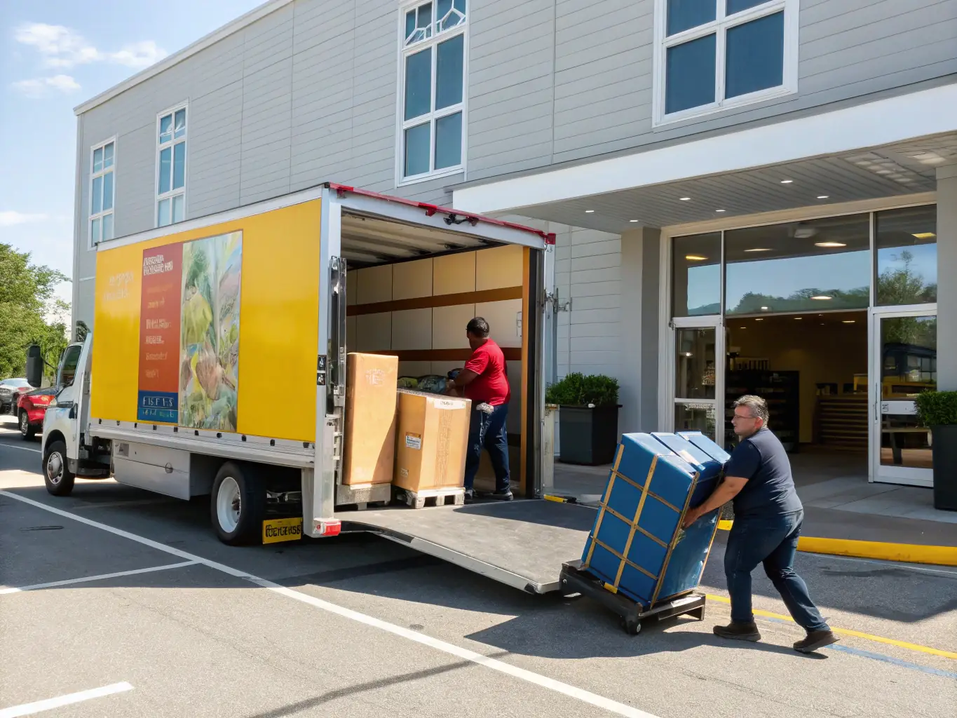 A delivery truck unloading furniture at a hotel, with staff members coordinating the delivery and placement of the items.