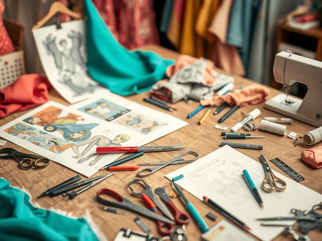 A designer working on furniture design modifications on a computer, with various fabric samples and design sketches spread across the desk.